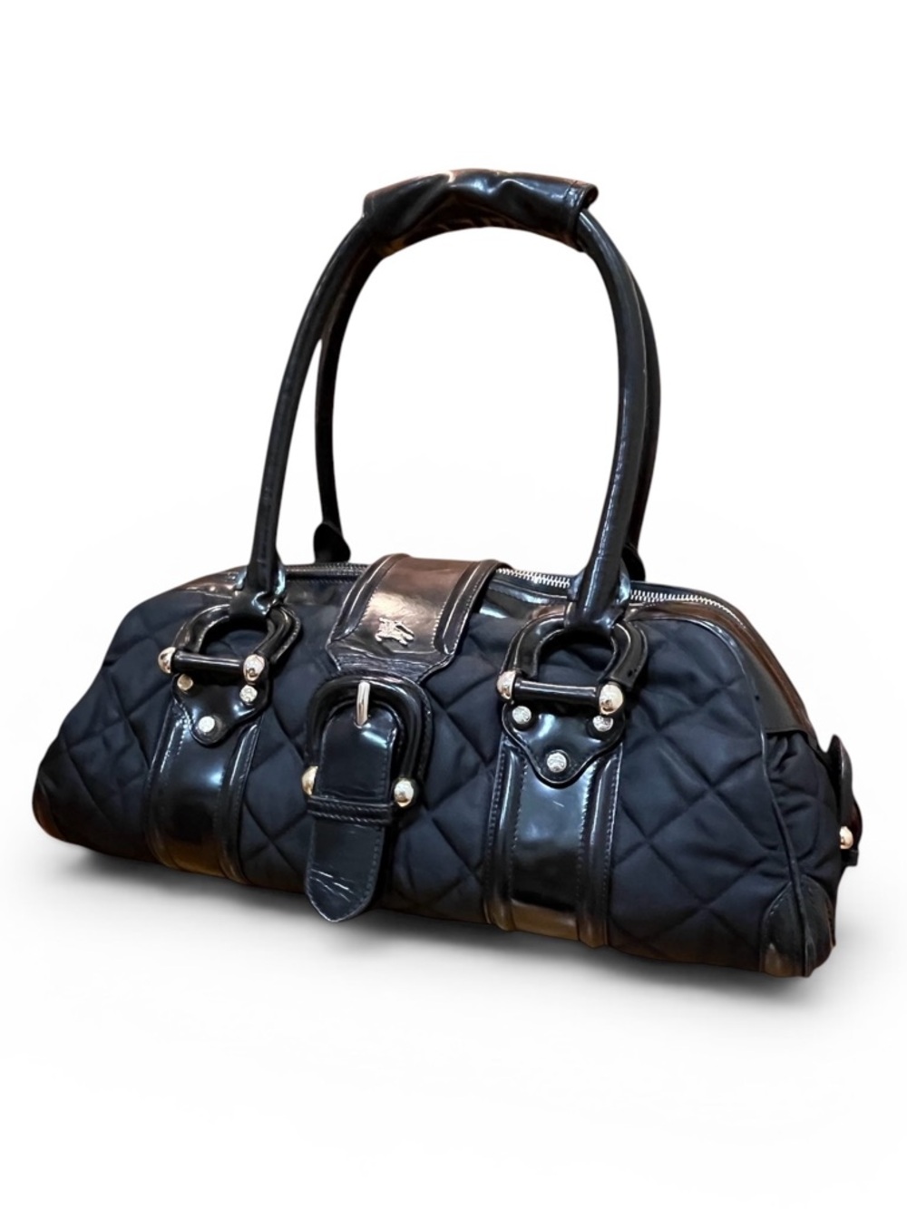 Burberry Black Quilted Bag Shoulder Purse Handbag Manor Nylon Patent Leather
